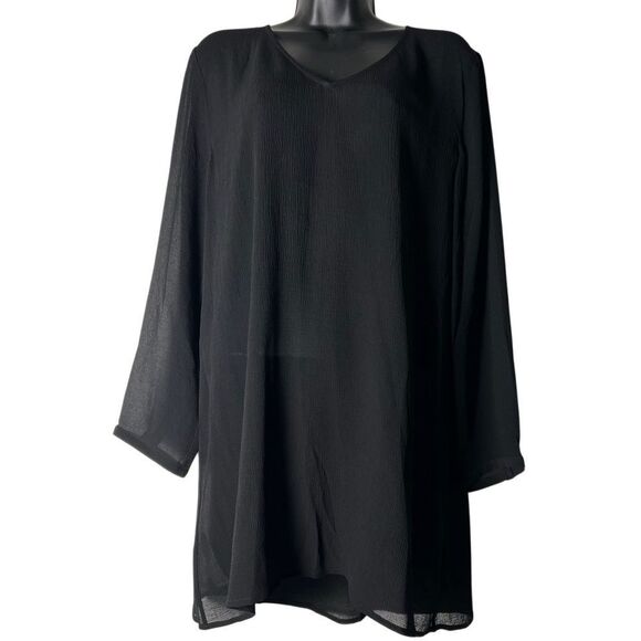 Eileen Fisher 100% Silk Textured Black V Neck Long Sleeve Oversized Tunic Top L - Picture 1 of 15